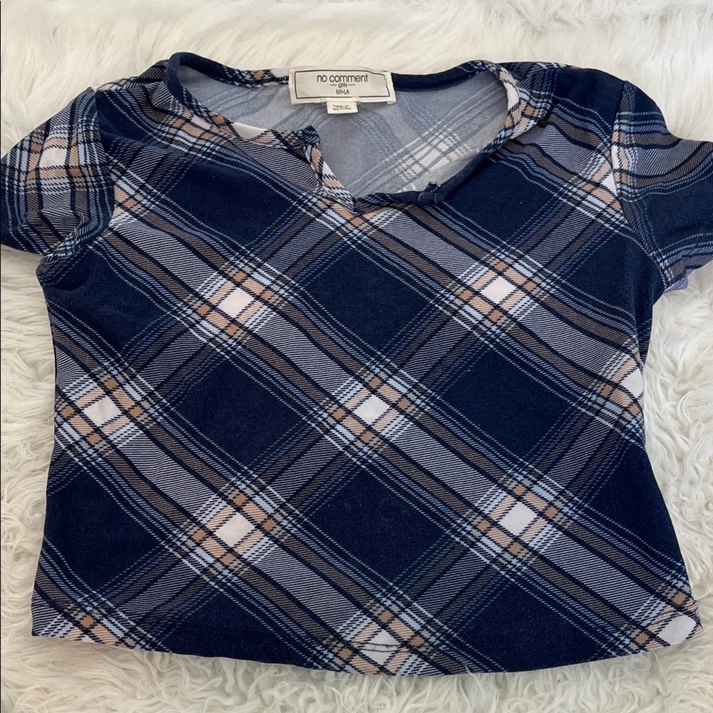 No Comment Kids Navy Plaid Short Sleeve Tee